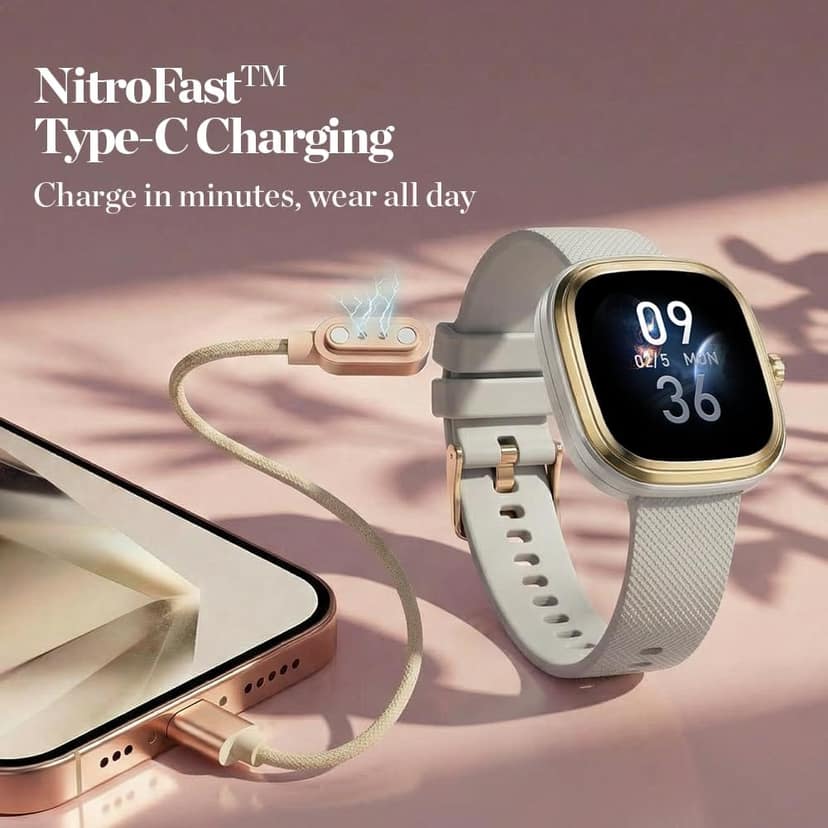Fastrack Ryz Smart Watch For Women with 1.72” Super Ultra VU Display,Dynamic 60Hz Refresh Rate,AI Voice,Functional Crown,1ATM,BT Calling,HRM,SpO2 & Multiple Menu Styles,24/7 Health Suite - Light Beige view 3