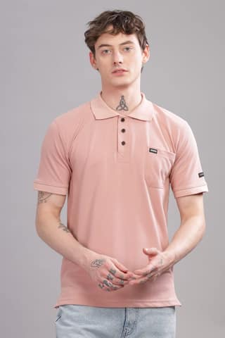 Men Solid Polo Neck Poly Cotton Pink T-Shirt