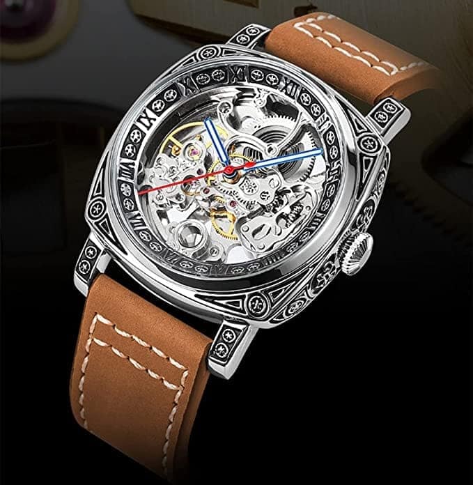 Forsining Genuine Leather Série Mystère d'Art Vintage Engraved Rotatable Bezeled Self Winding Automatic Tourbillon Blue Moon Mechanical Analog Watch - For Men view 2