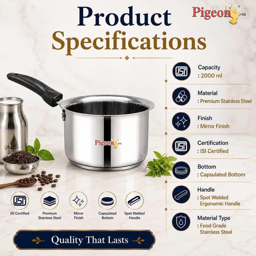 Pigeon Steelo Saucepan Stainless Steel Sauce Pan 18 cm, Induction Base, Sandwich Bottom view 2