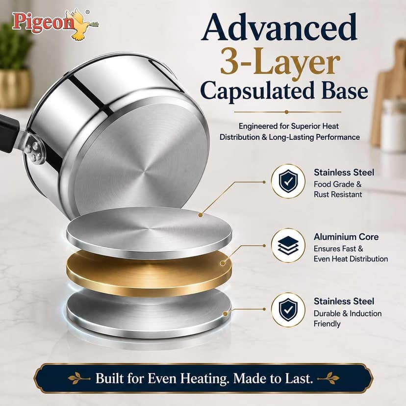 Pigeon Steelo Saucepan Stainless Steel Sauce Pan 18 cm, Induction Base, Sandwich Bottom view 4