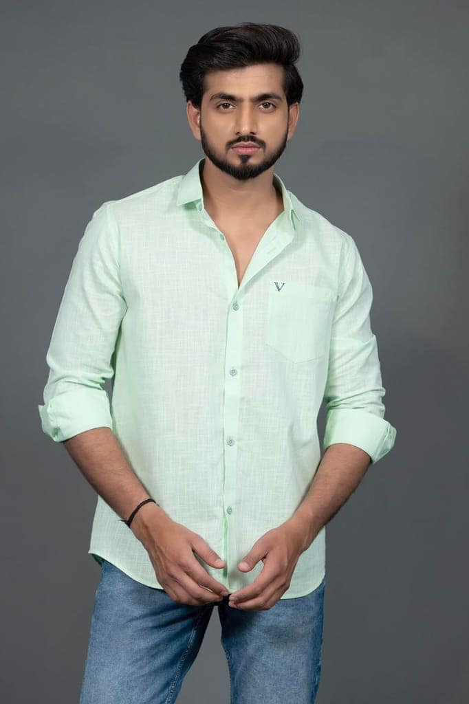 Vooz Slim Fit Long Sleeve Casual Shirt for Men, Cut Away Collar, Pista Green, Made in India view 4