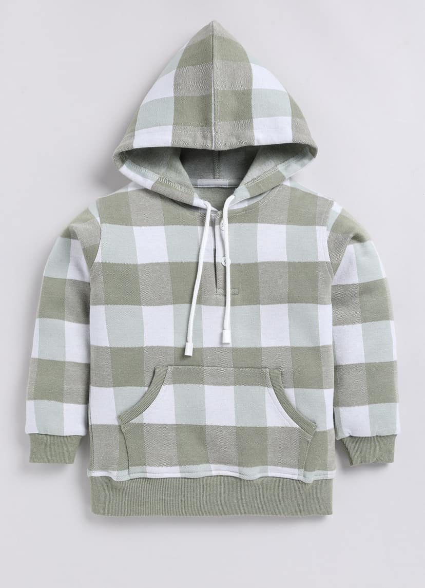 Green and White Checkered Full Sleeves Hooded Sweatshirt for Boys