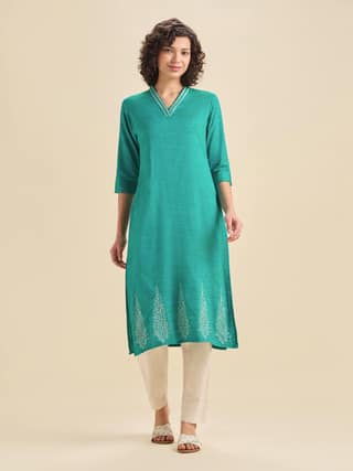 Aqua Green Cotton Viscose Kurti With Embroidery