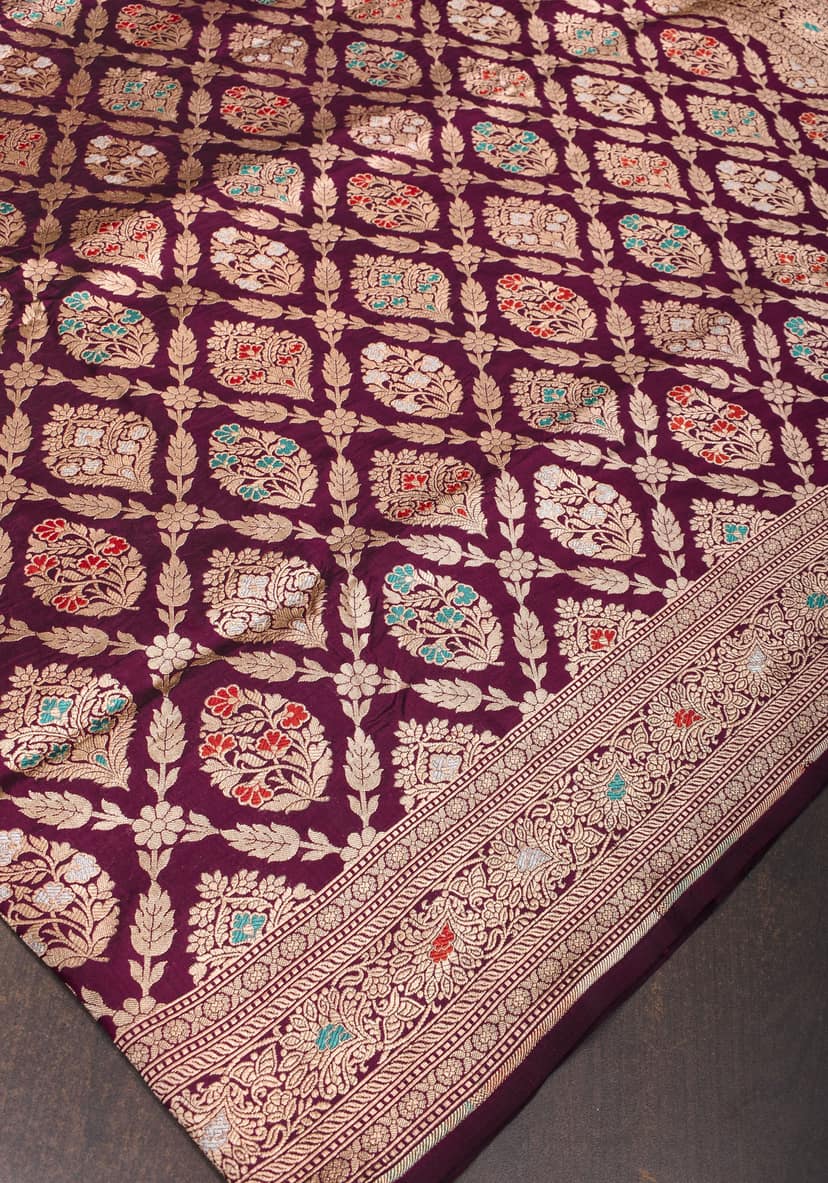 Maroon Banarasi Katan Silk Saree with Meenakari Jaal Floral Motifs and Zari Border | SILK MARK CERTIFIED view 2
