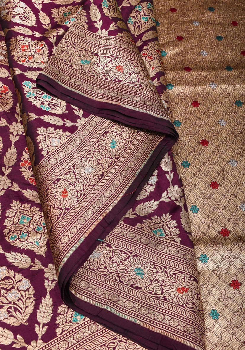 Maroon Banarasi Katan Silk Saree with Meenakari Jaal Floral Motifs and Zari Border | SILK MARK CERTIFIED view 3