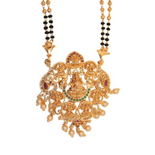 Gold-plated, intricate goddess pendant with black beads chain for women