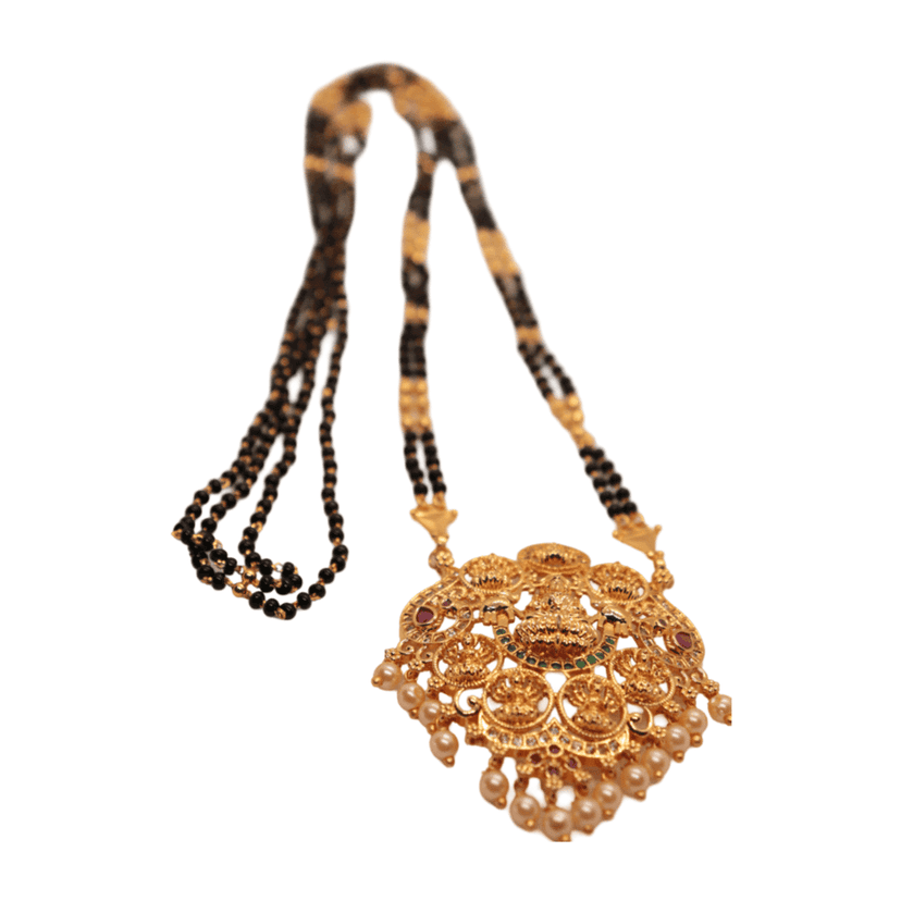 Gold-plated, intricate goddess pendant with black beads chain for women view 2