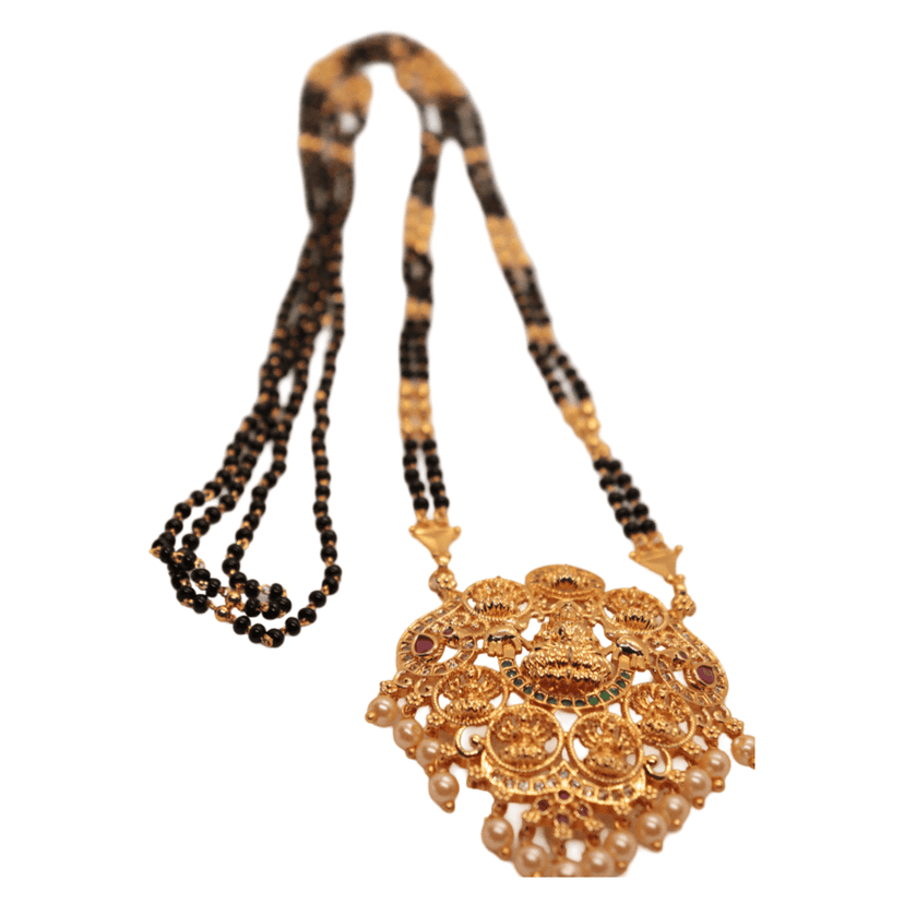 Gold-plated, intricate goddess pendant with black beads chain for women view 3