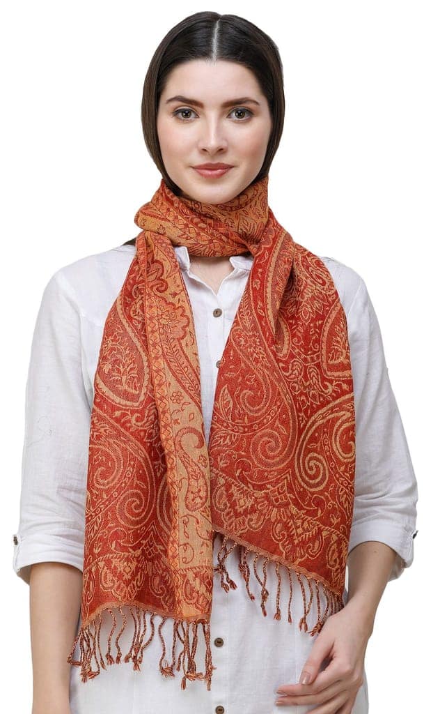 Ginger Reversible Jamawar Scarf from Amritsar with Woven Paisleys view 2