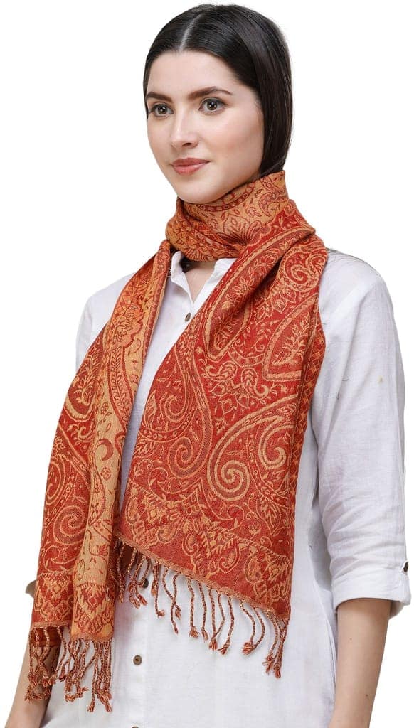Ginger Reversible Jamawar Scarf from Amritsar with Woven Paisleys view 3