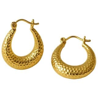 Gold-Plated Hammered Crescent Hoop Earrings, Wide Chunky Design