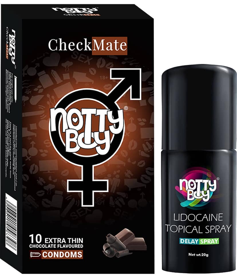 NottyBoy Lidocaine delay Spray For Men 20g, Chocolate Flavoured Condoms - Pack of 1