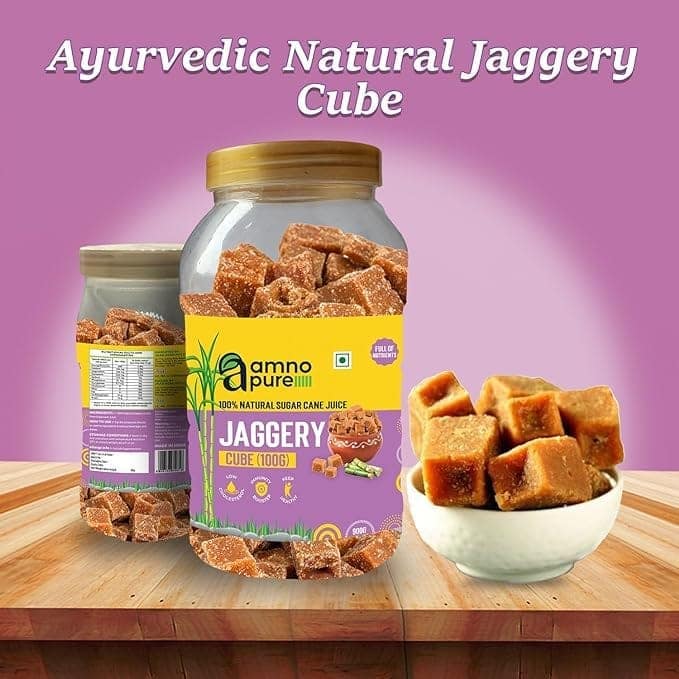 Amno Pure Natural Sugar Cane Jaggery 100G Cube | Cholestrol free, fat free, Full of Nutrients & 100% Natural - 900G Pet Jar view 3