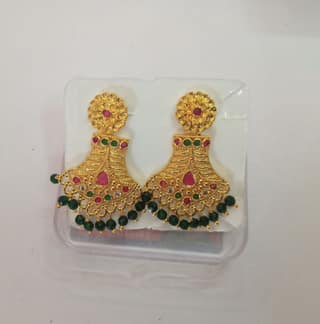 14k Gold Plated Traditional Indian Jhumka Earrings with Green Beads and Pink Stones