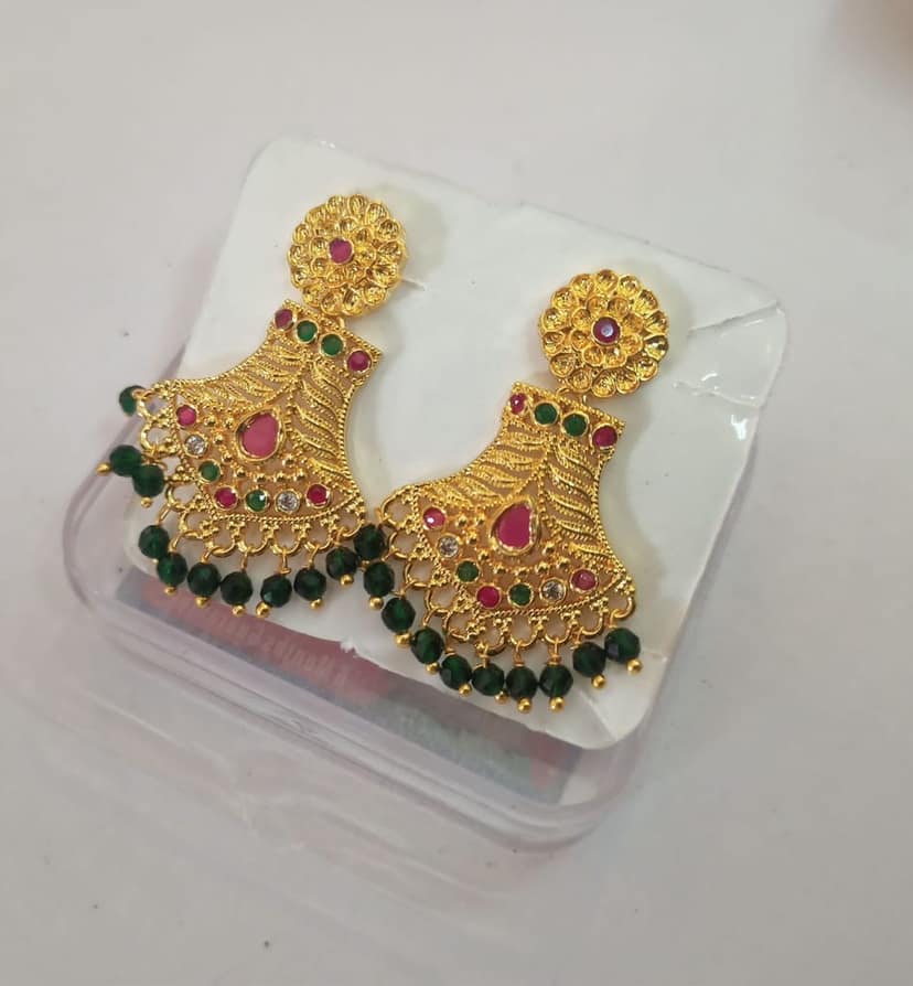 14k Gold Plated Traditional Indian Jhumka Earrings with Green Beads and Pink Stones view 2
