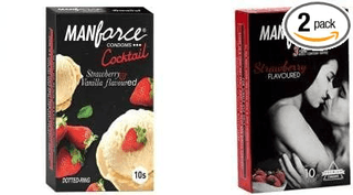 MANFORCE Cocktail Condoms with Dotted-Rings Strawberry & Vanilla Flavoured- 10 Pieces & 3 in 1 Wild Ribbed Contour Dotted Strawberry Flavor Condoms - 10 Pieces Condom (Set of 2 20 Sheets)
