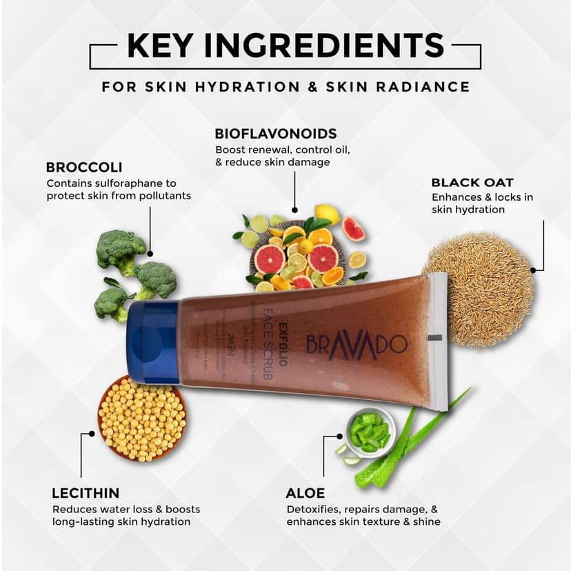 BRAVADO Exfolio Face Scrub - Gentle Deep Cleanse & Detox for All Skin Types | Fights Tan, Blackheads & Dullness | Hydrates & Brightens for a Youthful Glow | Perfect for Men & Acne-Prone Skin | 100g view 3