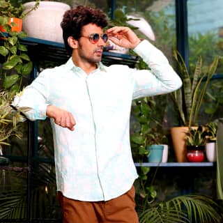 French Marigold Artic Blue Casual Pure Linen Full Shirt (Size - XXL) by BLUE EAGLE