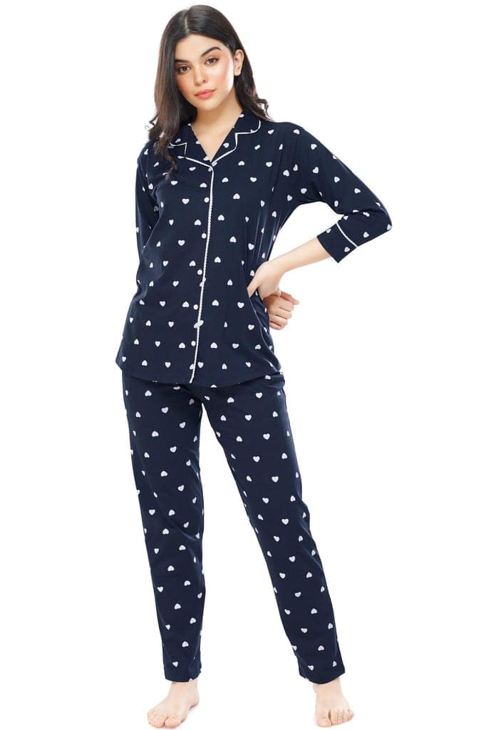 ZEYO Women's Cotton Green Heart Printed Stylish Night suit set view 5
