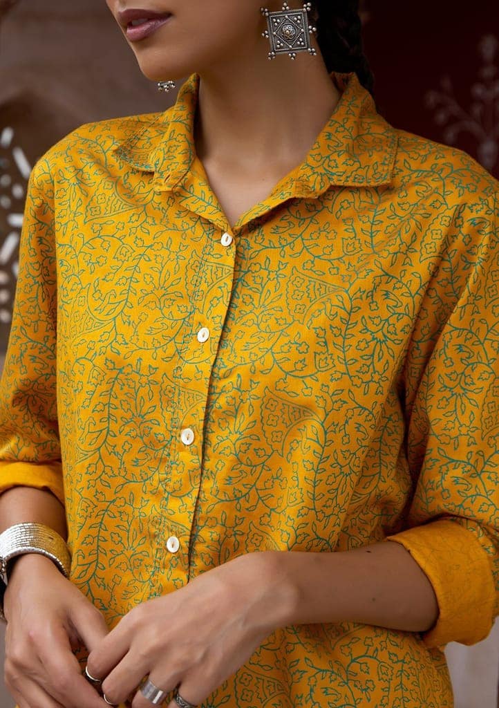 HOC Crafts Glazed Cotton Hand Block Printed with Hand Embroidery Women's 2 PC Co-ord Set - Mustard view 3