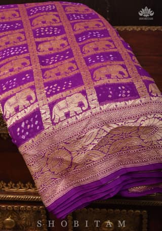 Authentic Hand Bandhej Georgette Banarasi Saree with Elephant design in Purple | SILK MARK CERTIFIED