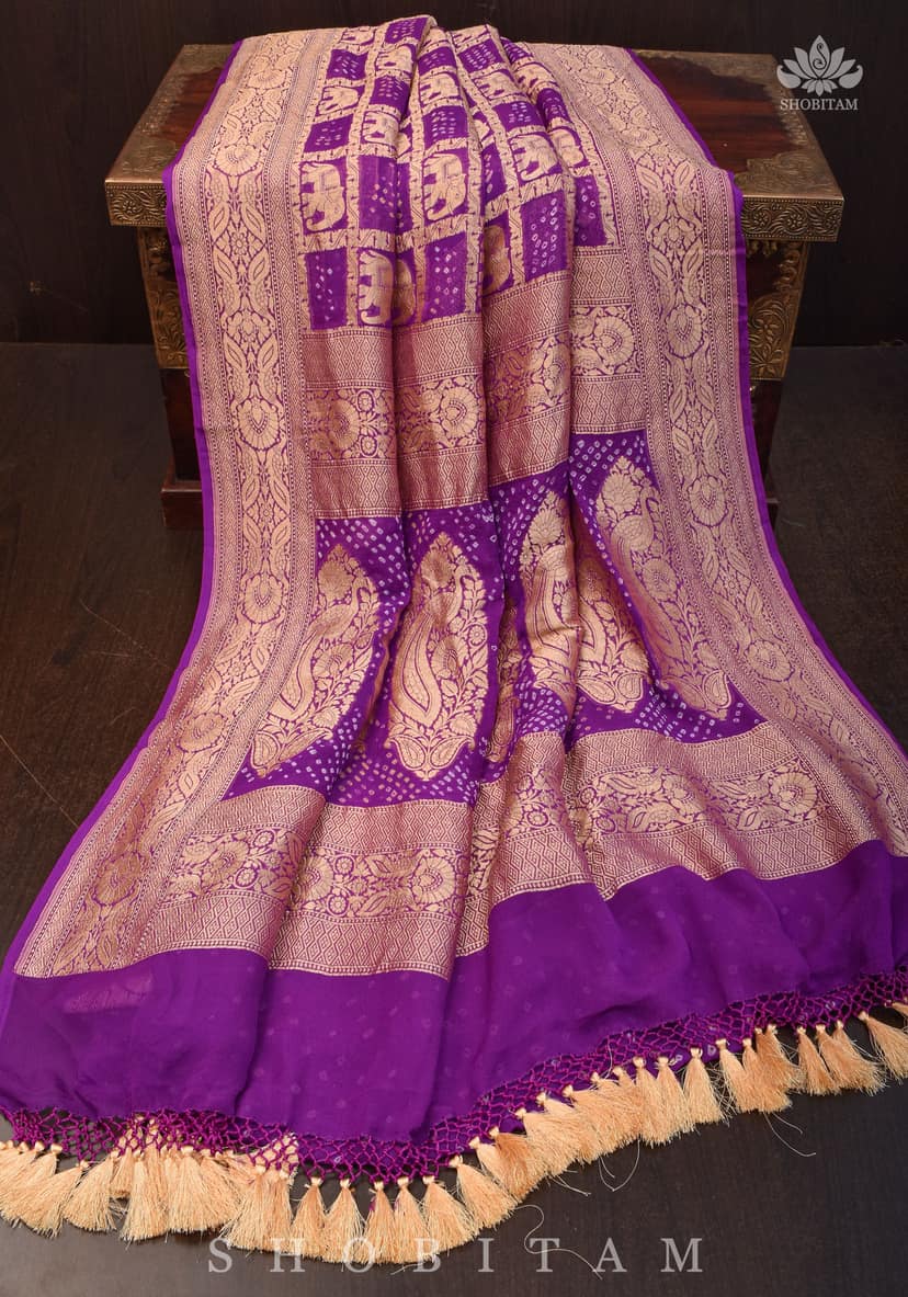 Authentic Hand Bandhej Georgette Banarasi Saree with Elephant design in Purple | SILK MARK CERTIFIED view 3