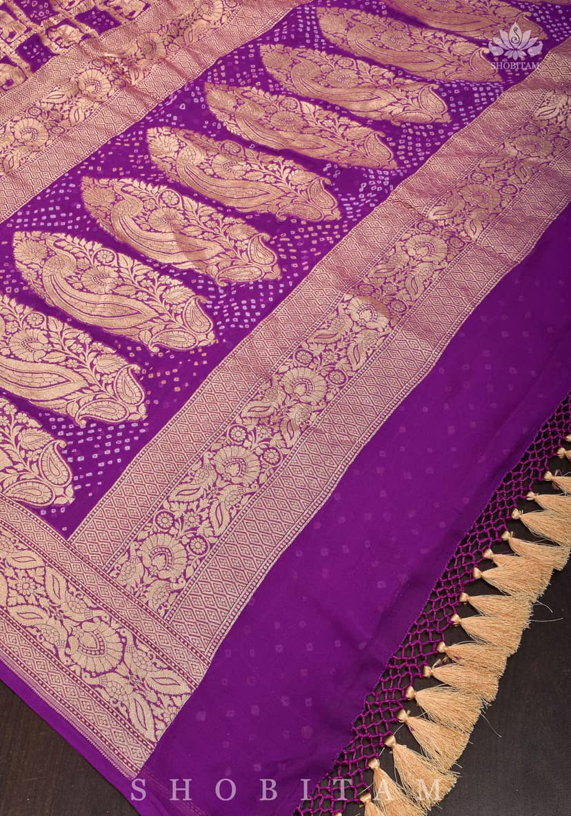 Authentic Hand Bandhej Georgette Banarasi Saree with Elephant design in Purple | SILK MARK CERTIFIED view 4