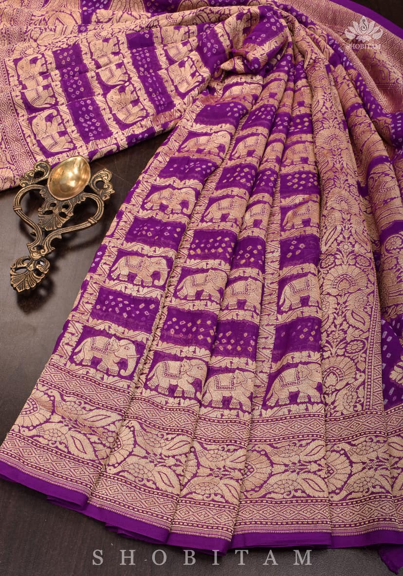 Authentic Hand Bandhej Georgette Banarasi Saree with Elephant design in Purple | SILK MARK CERTIFIED view 8