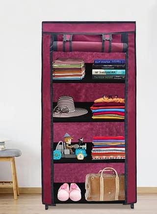 PHILOSHOP 4-Shelves Durable Metal Frame Modular Collapsible Wardrobe with 10-Inch Gapping in each Shelf & 100 GSM Fabric in Maroon