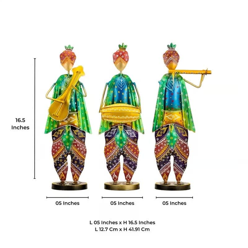 MOHD YASIN - Rajasthani Krishna Musicians (16.5x5) inches I Idol Art Show Piece | Metal Musician Set Showpiece | Home Decor Items | Decoration Item | Gifting | Set of 3 view 2