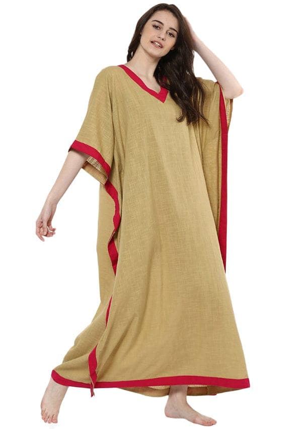 Beige Fuchsia V-Neck Cotton Kaftan view 4