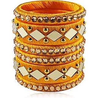 Traditional Yellow Silk Thread Bangles Set, Mirror Work with Gold Beads, 6 Pieces