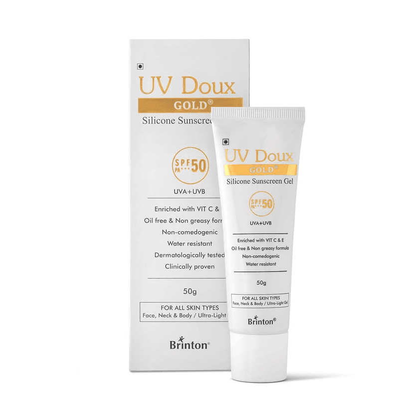 Brinton UV Doux Gold Silicone Sunscreen Gel SPF 50 PA+++ Enriched With Vitamin C & E | Water Resistant Oil Free & Non- Greasy | UVA/UVB With Broad Spectrum 50 g x Pack of 4 view 2