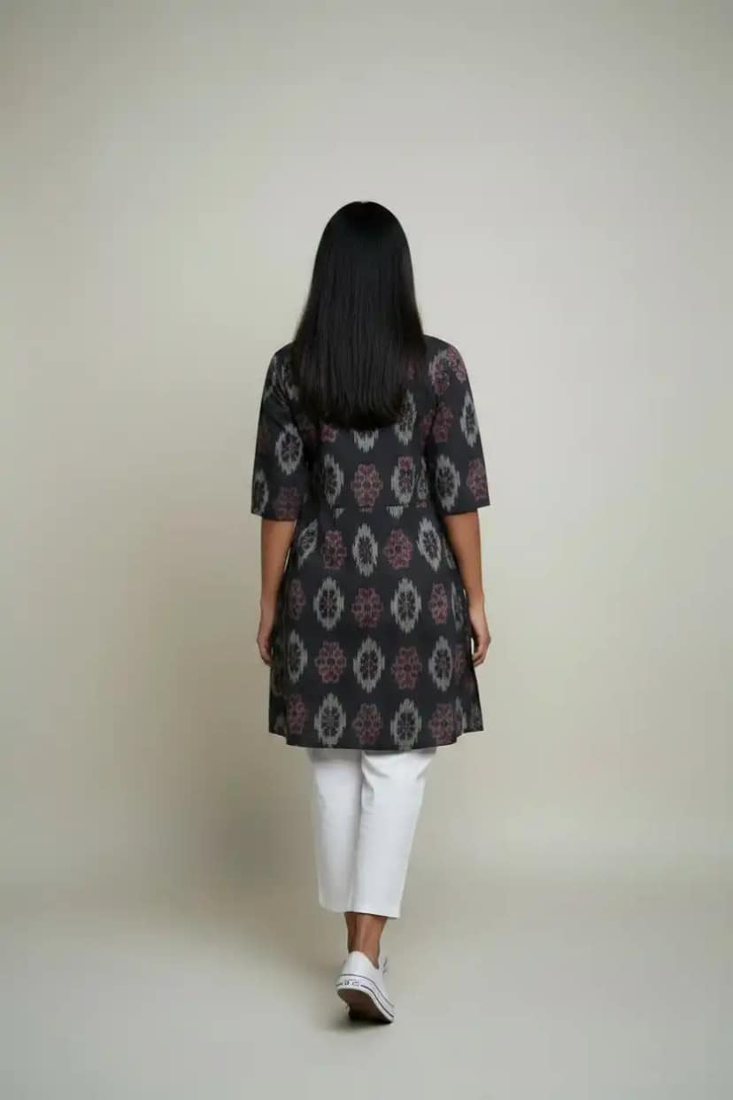 Handwoven Sambalpuri Cotton Kurti in Black with Bandhakala Motifs view 4