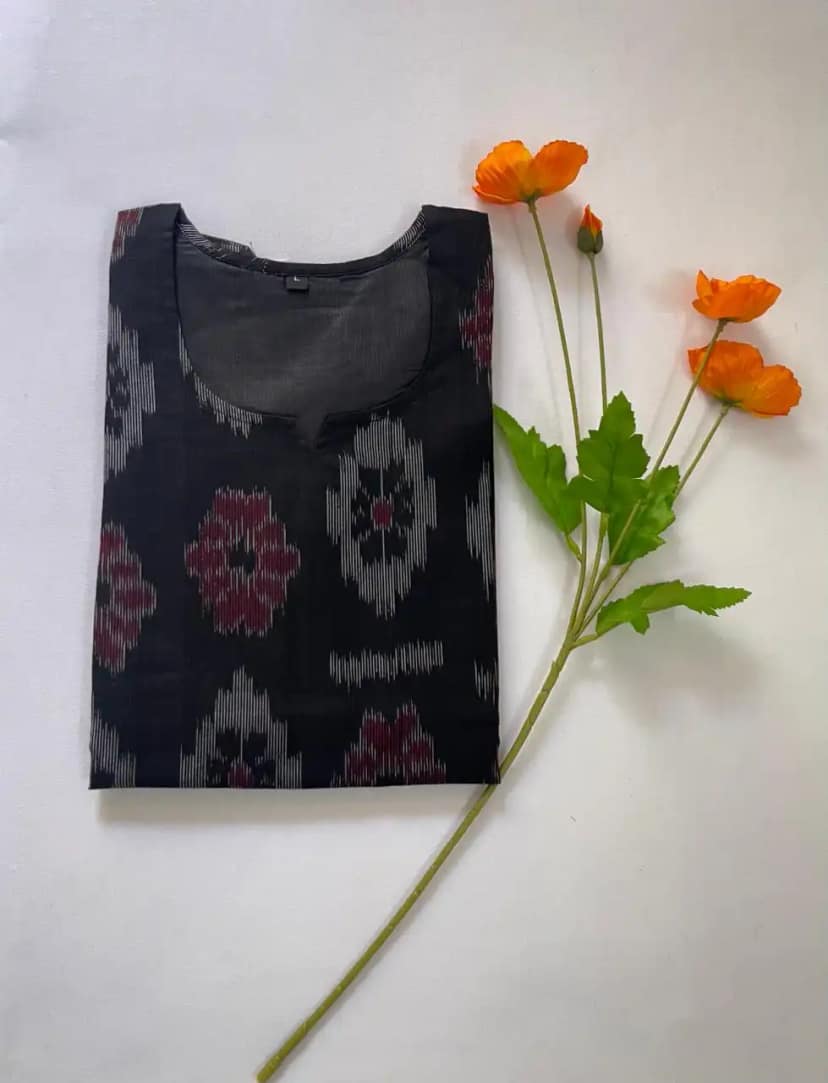 Handwoven Sambalpuri Cotton Kurti in Black with Bandhakala Motifs view 5
