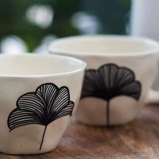 Hand-Painted Black Leaf Ceramic Mug Pack of 2 Minimalist Design