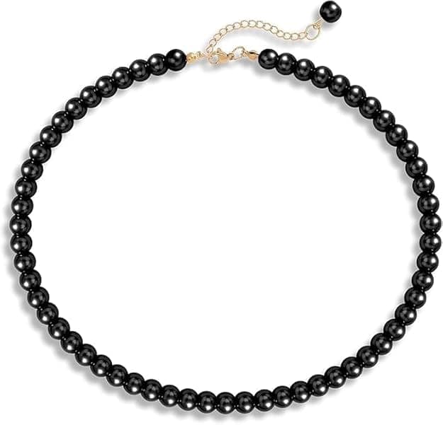 MANBHAR GEMS - Pearl Necklace For Girl and Women Black PearLNecklaces for Women, 8MM Beaded Choker Necklace 1 Layer Beaded Mala Fashion Jewellery