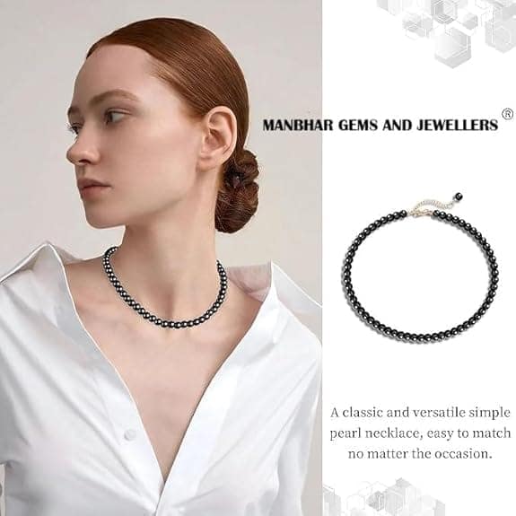 MANBHAR GEMS - Pearl Necklace For Girl and Women Black PearLNecklaces for Women, 8MM Beaded Choker Necklace 1 Layer Beaded Mala Fashion Jewellery view 2