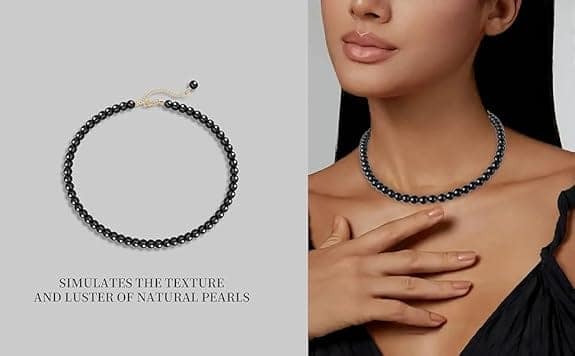 MANBHAR GEMS - Pearl Necklace For Girl and Women Black PearLNecklaces for Women, 8MM Beaded Choker Necklace 1 Layer Beaded Mala Fashion Jewellery view 3