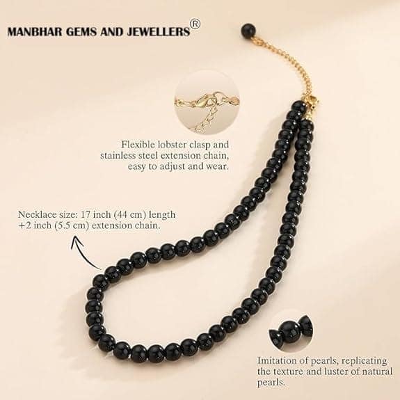 MANBHAR GEMS - Pearl Necklace For Girl and Women Black PearLNecklaces for Women, 8MM Beaded Choker Necklace 1 Layer Beaded Mala Fashion Jewellery view 4