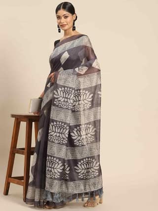 Women's Pure Cotton block print saree with unstiched blouse piece