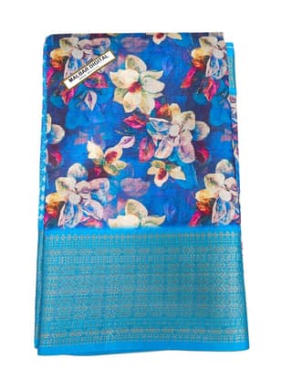 Blue Floral Saree With Golden Border