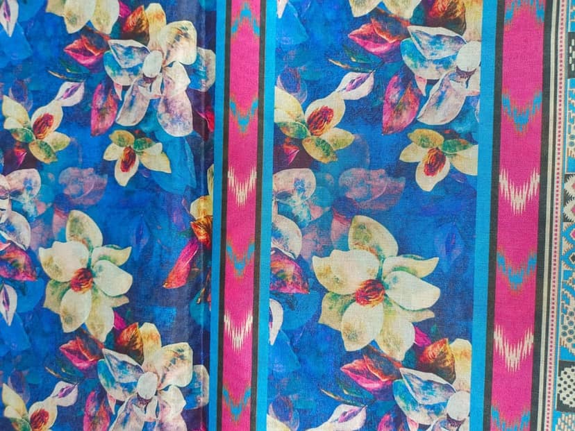 Blue Floral Saree With Golden Border view 3