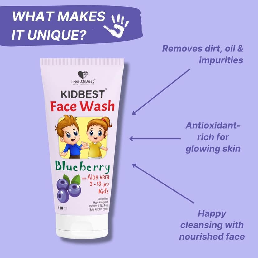 HealthBest Kids Multivitamin Face Wash - 100ml with Organic Blueberry - Natural, Non Toxic & Safe - For Normal, Oily & Combination Skin - Tear-Free, Paraben-Free, SLS-Free - Nourishing & Brightening Daily Cleanser view 3