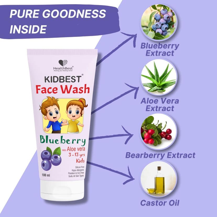 HealthBest Kids Multivitamin Face Wash - 100ml with Organic Blueberry - Natural, Non Toxic & Safe - For Normal, Oily & Combination Skin - Tear-Free, Paraben-Free, SLS-Free - Nourishing & Brightening Daily Cleanser view 4