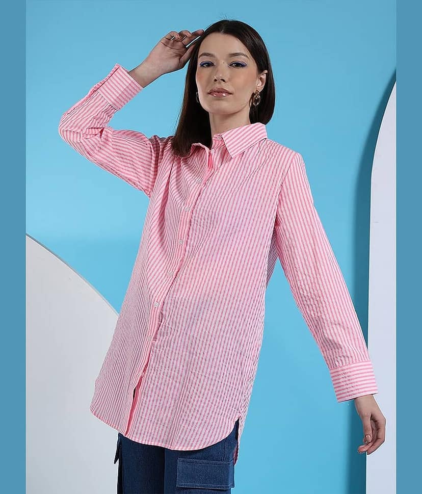 Freehand Women Striped Cotton Shirt ( Pink ) view 3