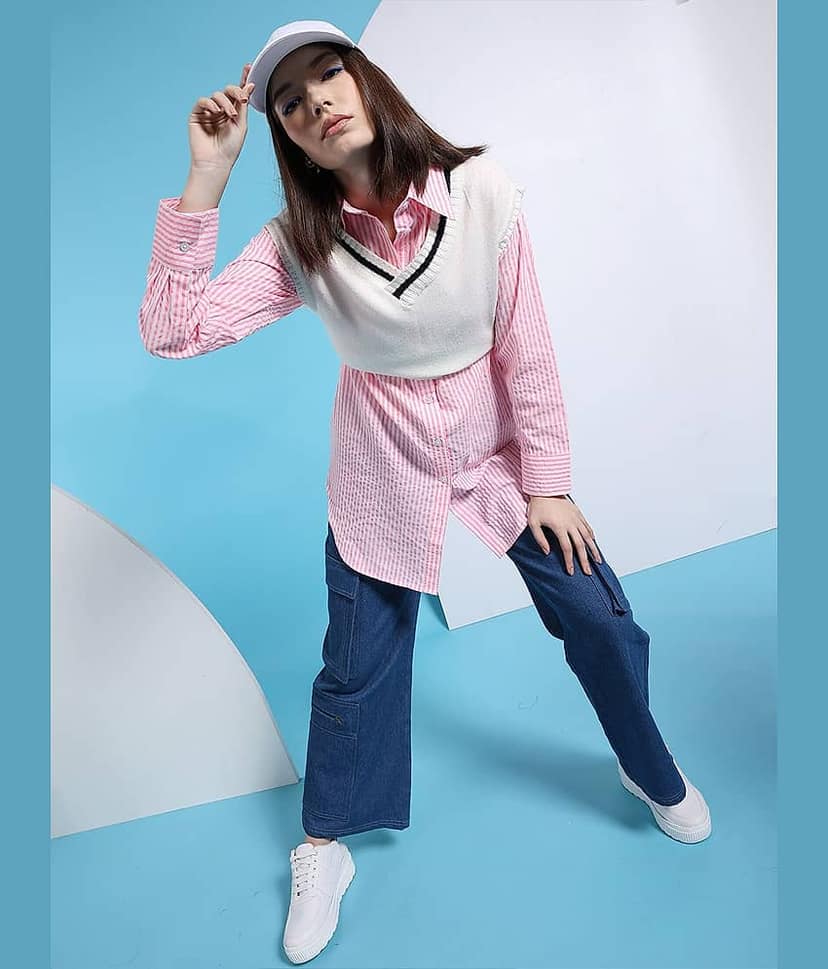 Freehand Women Striped Cotton Shirt ( Pink ) view 4