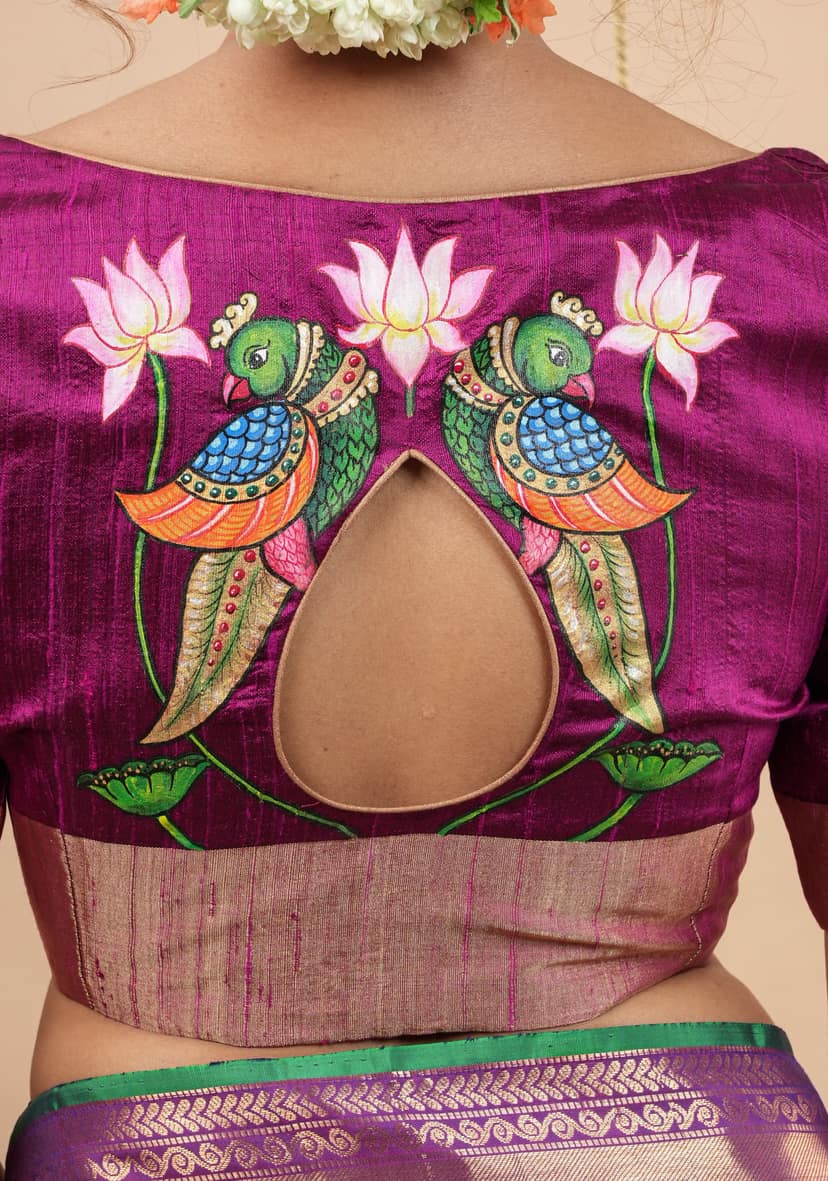 Tanjore Parrots - Pure Raw silk blouse with Handpainting and cutout design, Made to Order view 5