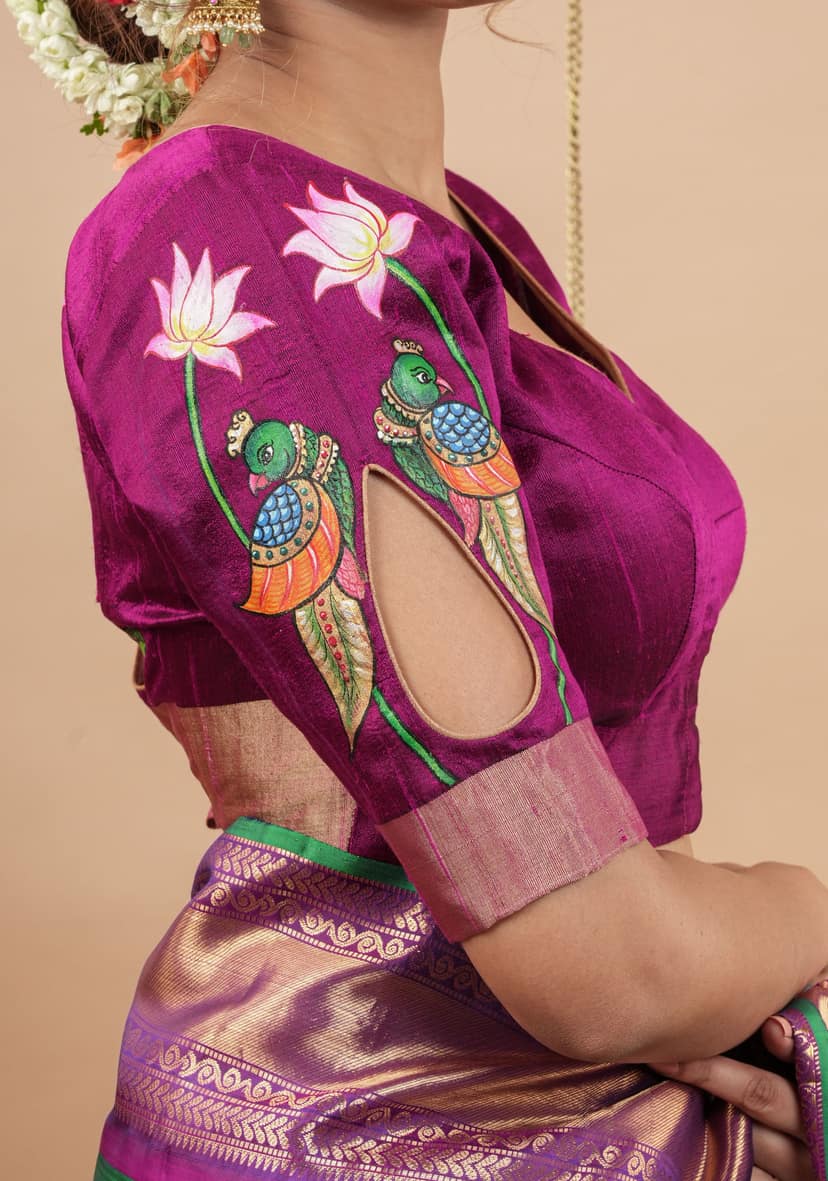 Tanjore Parrots - Pure Raw silk blouse with Handpainting and cutout design, Made to Order view 6